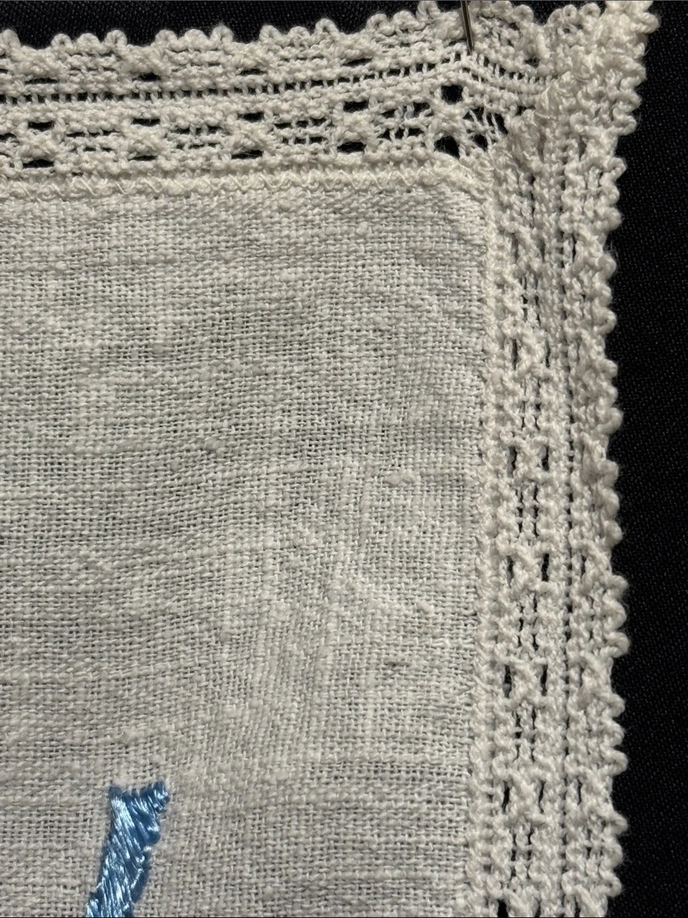 Hand Embroidered Linen Dresser or Table Runner with Blue Rose Motif